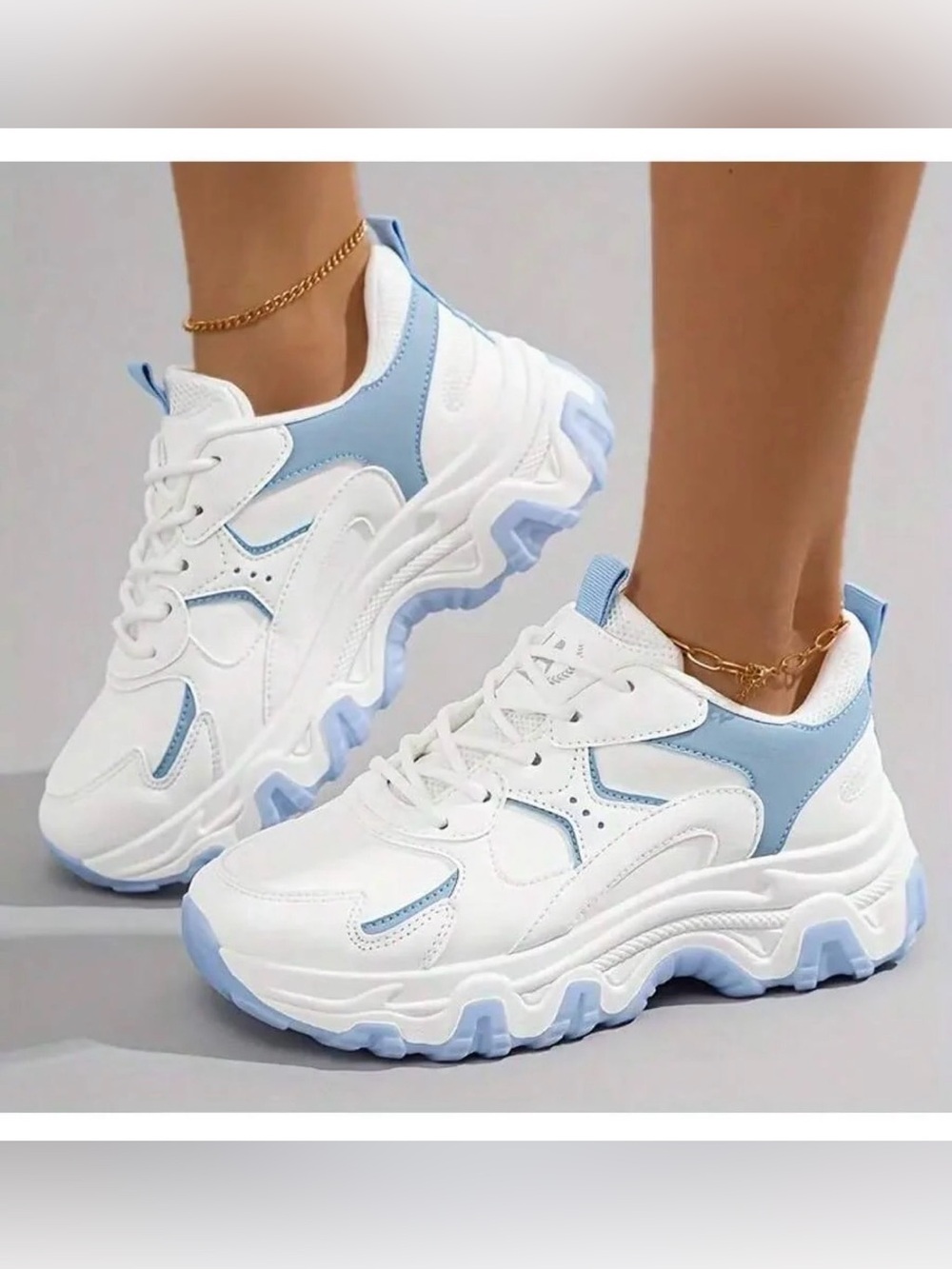 Women’s White Sneakers with Light Blue Accents — Chunky Comfort Runner